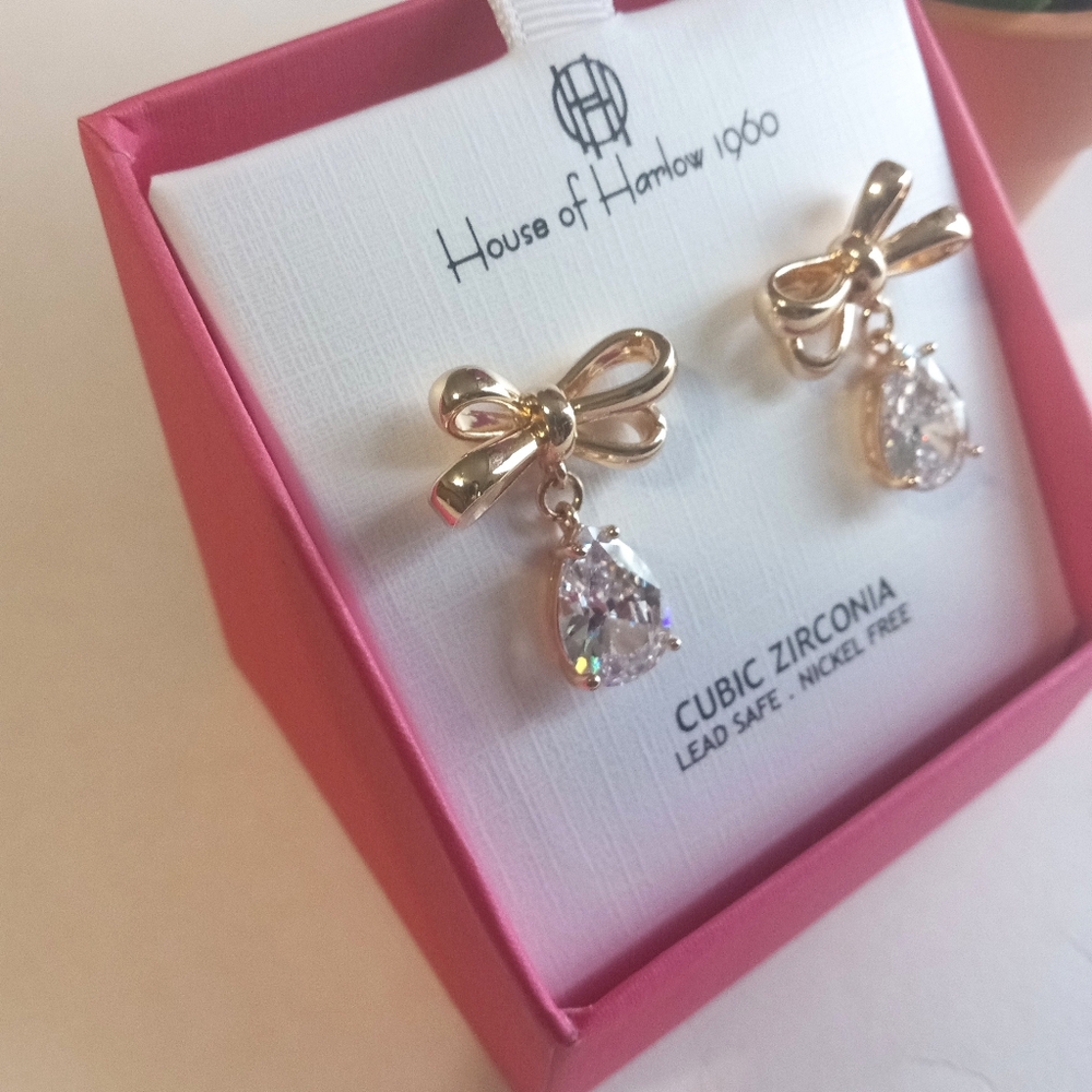 House Of Harlow Crystal Bow Teardrop Earrings New Cubic Zirconia - Picture 3 of 4